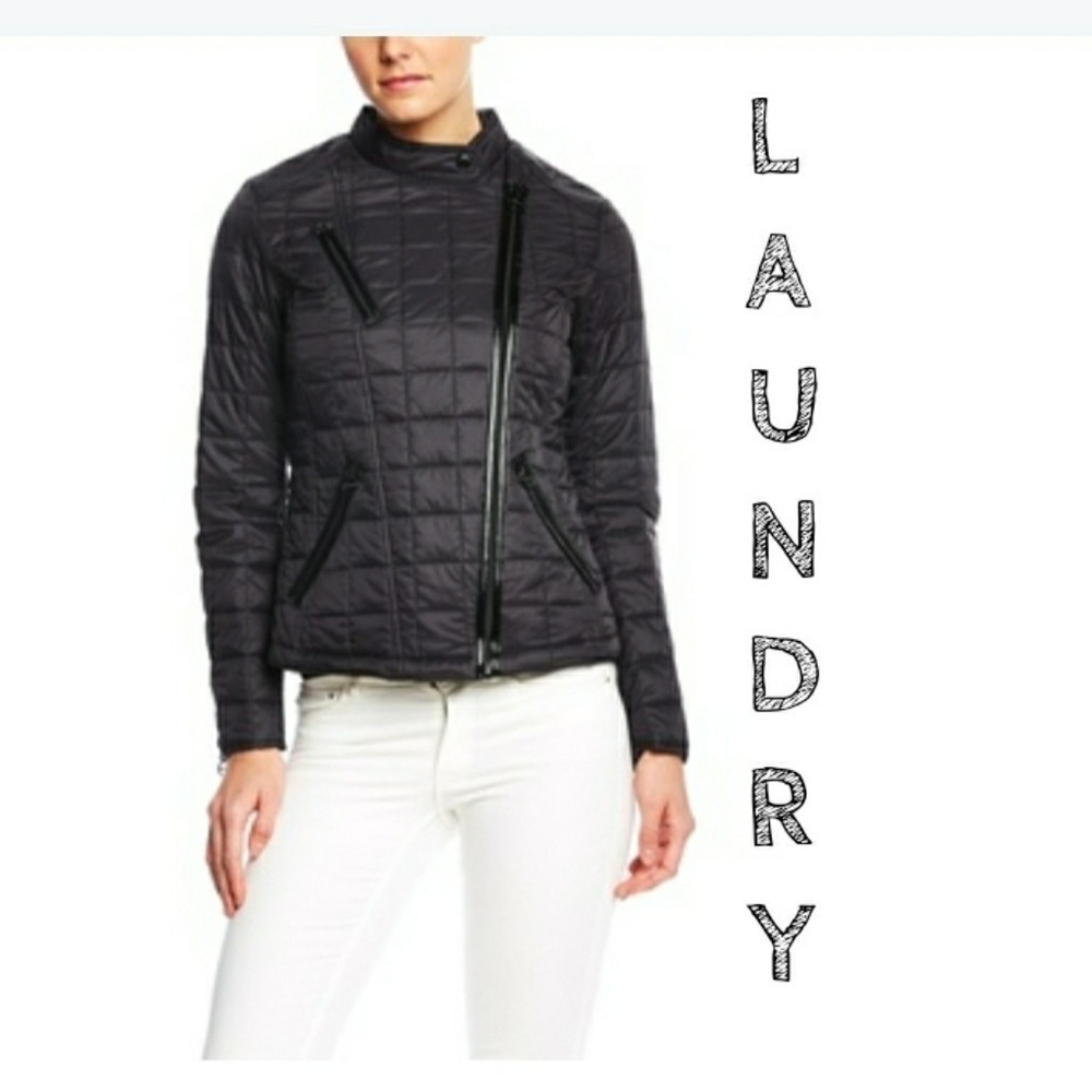𝅺NEW! LAUNDRY BY SHELLY SEGAL Quilted Patent Trim Moto Jacket Coat Medium.